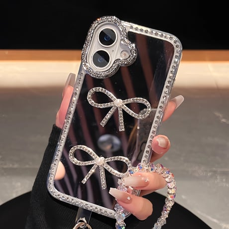 パール/ジュエリーリボン iPhone16/16Proケース 鏡付き iPhone15plus/14pro/13カバー おしゃれ 女子力高い めっちゃ可愛い[M5334]