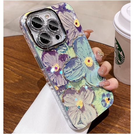 かわいい iPhone16/15pro/15promaxケース 花柄 レンズ保護 キラキラ光る 綺麗iphone14/13/12proカバー [M3533]