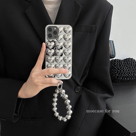 シルバー ハート iphone14/14proケース ストラップ付 アイフォン13pro/12promaxカバー  高級感 クール ギフトにおすすめ[M2341]