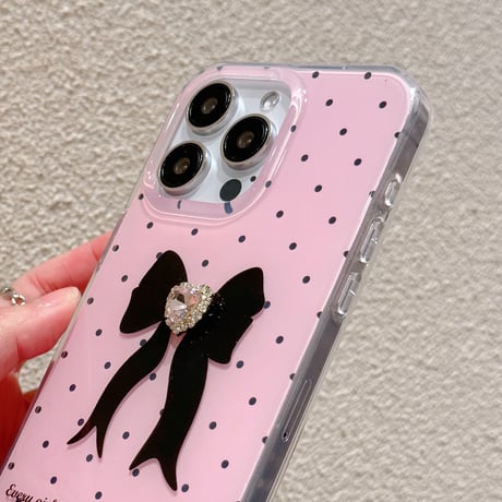 ピンク iPhone15/15proケース ハートダイヤデコリボン柄 iPhone14/13pro/12ケース 水玉模様 可愛い[M4069]
