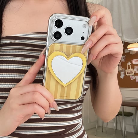 ハートミラー iPhone17/17Proケース高級感 ストライプ柄 iPhone16Pro/15romaxケース 光沢感 イェロー[M6488]