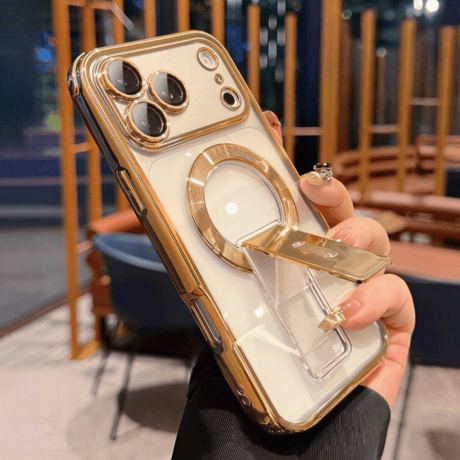 スタンド付 iPhone17Pro/16ProMaxケース メッキ MagSafe対応 iPhone15Pro/14/13ケース 耐衝撃加工 黄ばまない [M6360]