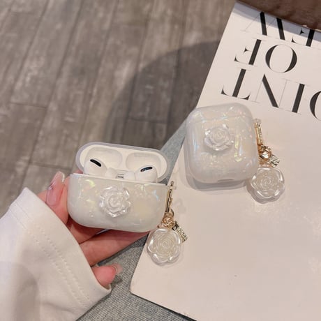【Airpods4】ツバキの花  Airpods Pro2ケース 貝殻紋  airpods3カバー  アクセサリー付き  お洒落 ガールズに人気 [M2521]