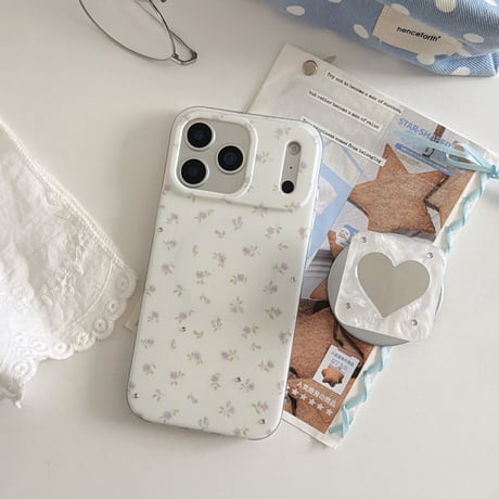 ハートミラーリングスタンド iPhone17/17Proケース MagSafe対応 iPhone16Pro/15/14ケース ダイヤデコパープル花柄 甘めコーデ [M6471]