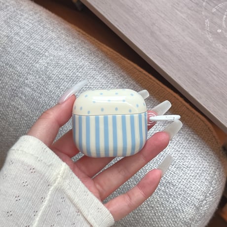 韓国っぽ Airpods Pro3ケース ストライプ柄 Airpods4/3カバー pro2/Pro1ケース 可愛い リング/花キーホルダー 光沢感[M6162]