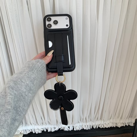 カード入れ付き iPhone17/17Proケース ベルト付き レザー製 iPhone16Pro/15pro/14ProMaxケース 花ストラップ[M6411]