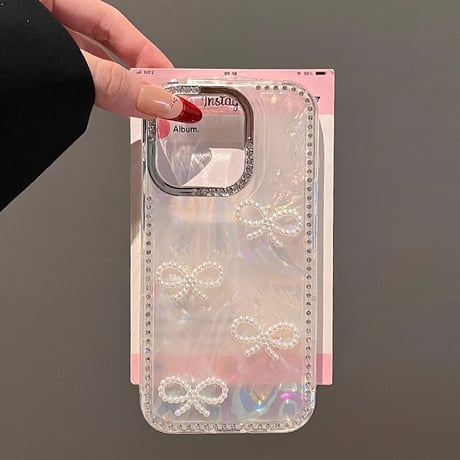 パールリボン iPhone16pro/16ケース ジュエリー シェル風 iphone15pro/14/13/12proカバー  ストラップ 綺麗 可愛い[M5105]