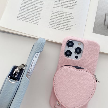 ハート小銭入れ iPhone15/15proケース ショルダーストラップ付 アイフォン14pro/13mini/12/11カバー レザー 高品質 超便利[M3709]