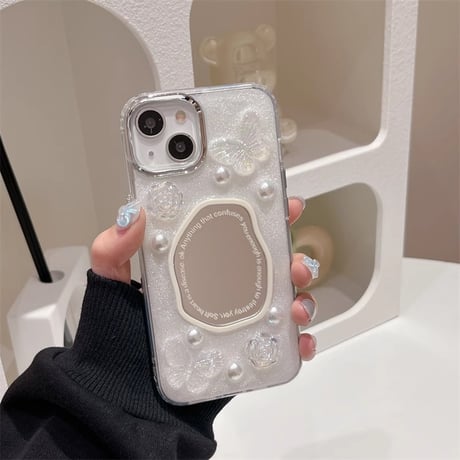 女子力アップ ミラーiPhone15/15proケース パール/蝶デコ iPhone14/13pro/12ケース かわいい きれい[M4357]