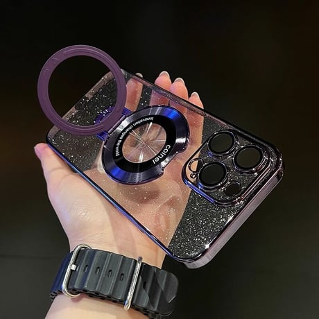 Magsafe対応 iPhone15/15proケース スタンド オシャレ アイフォン14/13proカバー レンズフイルム付 キラキララメ入り [M3620]