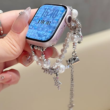 パール AppleWatch Serise 10バンド 高級感 女子力高いアップルウォッチ Ultra2/1/SE/Series9/8/7/6/5/4/3/2/1 きれい 存在感抜群[M5184]