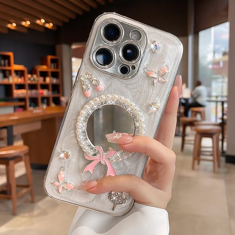 高級感 ミラー iPhone16pro/17ケース ダイヤ/パール/リボン iPhone15pro/14/13カバー オシャレ 丈夫 可愛い [M5579]