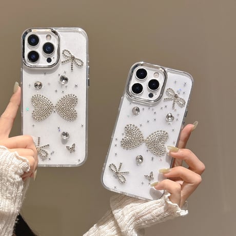 ダイヤリボン iPhone16pro/16ケース 透明 キラキラ iPhone15plus/14/13pro/12カバー 大人可愛い ハンドメイド[M5459]