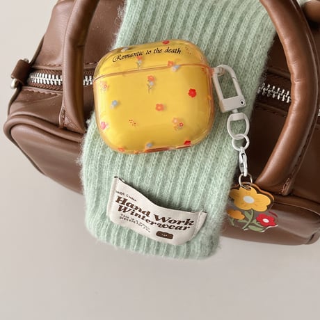 草花柄 Airpods 4ケース イエロー Airpodspro2/proカバー Airpods3/2 花キーリング付き 可愛い[M4919]