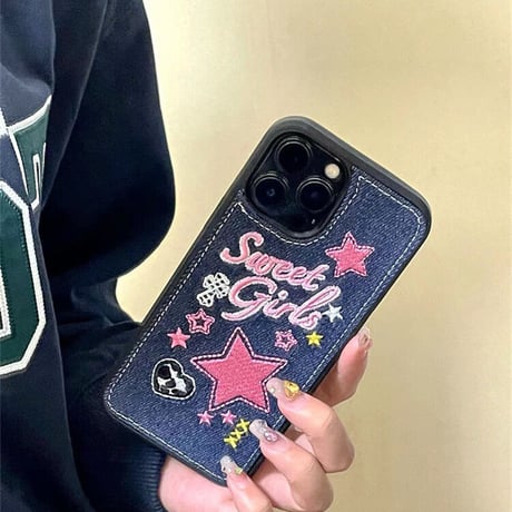 刺繡入り sweet girl iphone14/14promaxケース デニム お揃いアイフォン13/12/11カバー 星 可愛いプレゼントにおすすめ[M2251]