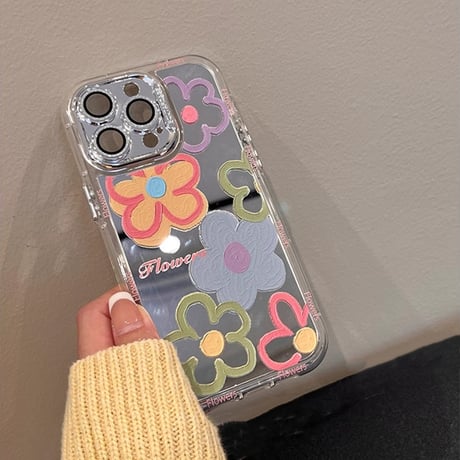 花柄 鏡 iPhone15/15proケース レンズフイルム付 iPhone14/13pro/12ケース 女子力アップ 便利 頑丈[M4157]