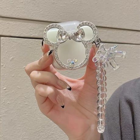 大人可愛い Airpods4ケース ジュエリー/ダイヤ鏡デコ Airpods3/Pro2ケース airpodspro2カバー  熊ちゃんストラップ付 女子力高い[M5202]