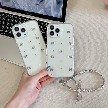 ガールズに人気 iphone15/15proケース  立体リボン ラメ入り iphone14/13pro/12/11カバー  可愛い 綺麗チャーム付き[M4485]