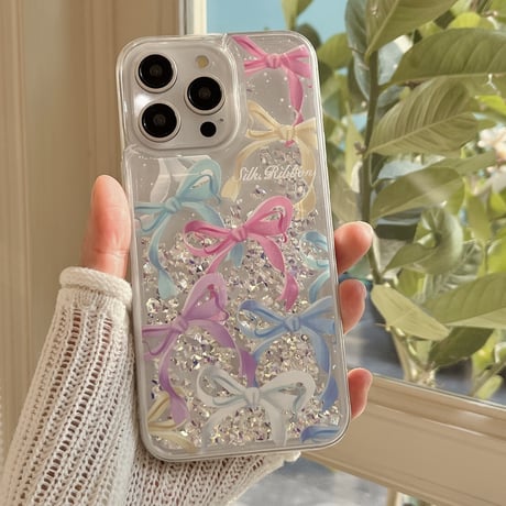 動くダイヤ iPhone15/15proケース リボン柄 iPhone14/13pro/12クリアケース かわいい女子力アップ[M4506]