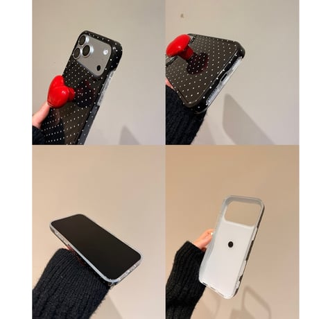 レッドハートスタンド iPhone17Pro/17ケース 水玉模様 iPhone17ProMax/16Pro/15カバー 可愛すぎ [M6038]