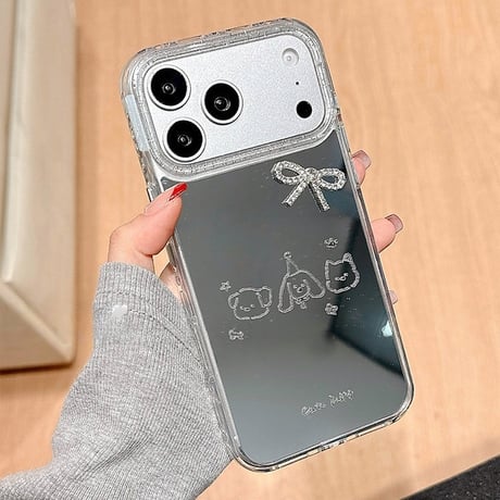 犬ちゃんミラー iPhone17pro/17ケース ジュエリーリボンデコ iPhone16/15proケース 可愛いストラップ 女子力高い[M6087]