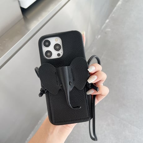 象カードポケット iPhone15/14proケース レザー製 肩掛け紐付き iPhone13mini/12カバー  スタンド付 多機能便利 かわいい[M3437]