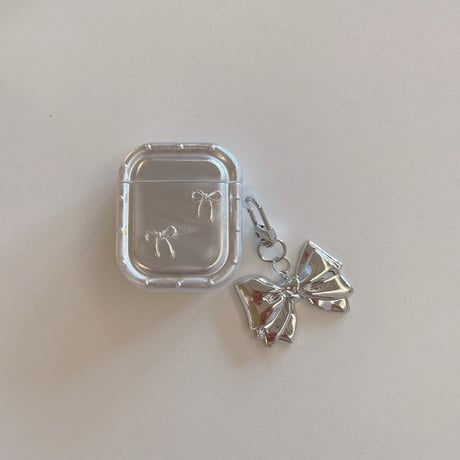 リボン Airpods 4ケース キーチェーン付 AirpodsPro2/Pro1 Airpods3/2カバー シルバー高級感 耐久性ある[M4797]