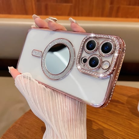 ミラー iPhone16/16Proケース  ジュエリー iPhone15pro/14/13Proカバー Magsafe対応 キラキラインナーシート付 人気品[M4587]