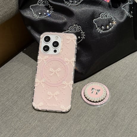 リボン柄 iPhone16pro/16ケース パールとリボングリップ マグネット iPhone15pro/14/13promaxケース かわいい 多機能 女子力UP [M5072]