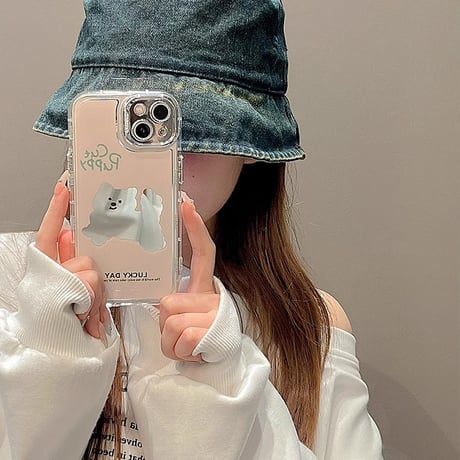 犬ちゃん鏡 iPhone15/15proケース ピンク iPhone14/13pro/12カバー かわいい 女子力アップ[M4235]