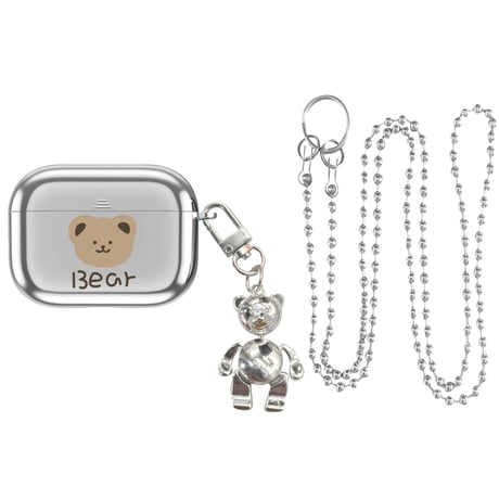 【Airpods 4】クマさん Airpodspro2ケース Bear airpods3/2ケース  銀色 同系小物とチェーン付き 可愛いM279