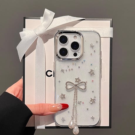 ジュエリーリボンフリンジ iPhone16pro/16ケース ラメ入り クリア iPhone14/13pro/12カバー 大人可愛い 人気アイテム[M5233]