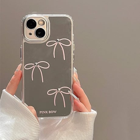 リボン柄 鏡付 iPhone15/15プロケース 頑丈 おしゃれiphone14pro/13promax/12カバー 高級感[M4150]