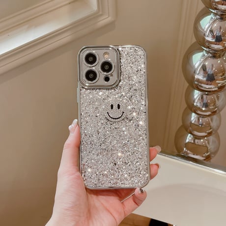 銀色 iPhone15/15proケース キラキラグリッター iPhone14/13pro/12ケース にこちゃん ストラップ付[M4300]