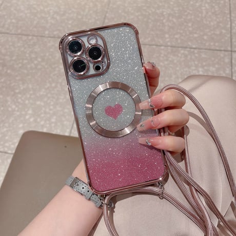 ショルダー iPhone16/15proケース MagSafe対応 ハート柄 キラキラ iphone 14/13/12カバー ラメいりシート付[M3574]