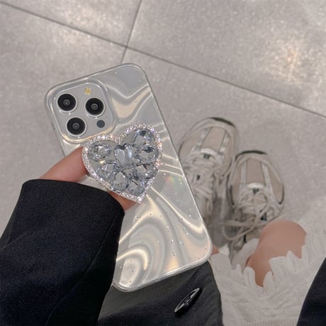 ハートダイヤグリップ iPhone15pro/15ケース オーロラカラー iPhone14pro/13/12proカバー おしゃれ 女子力アップ[M4210]