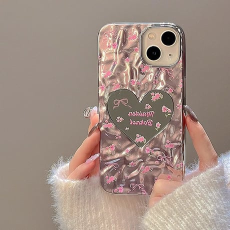 ハートミラー iPhone15/15proケース 花柄 リボン iPhone14/13pro/12ケース かわいい ピンク きれい 春夏[M3982]