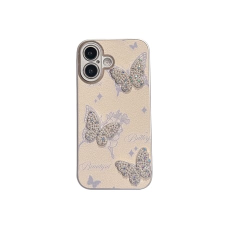蝶々デコ iPhone16e/16proケース 高級感パールストラップ付 iPhone15promax/14/13カバー かわいい エレガント[M5316]