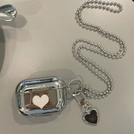LOVEハート airpodsケース 第3世代  シルバー エアポッズプロカバー  チェーン付き   可愛い 艶あり ファッション  M1460