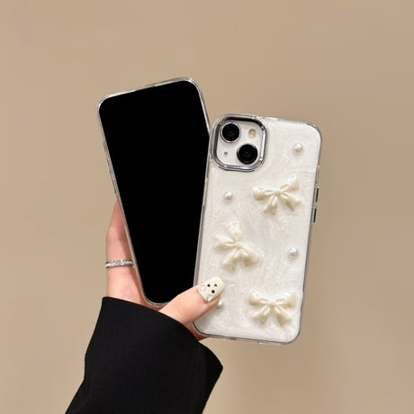 リボン/ハートデコ iPhone15pro/15ケース ホワイト iphone14/13pro/12proカバー  女子力アップ 高級感[M4353]