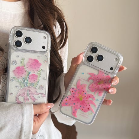 キラキラピンク花 iPhone17pro/17ケース 透明感 iPhone16promax/15pro/14ケース  女子力高い 可愛い[M6188]