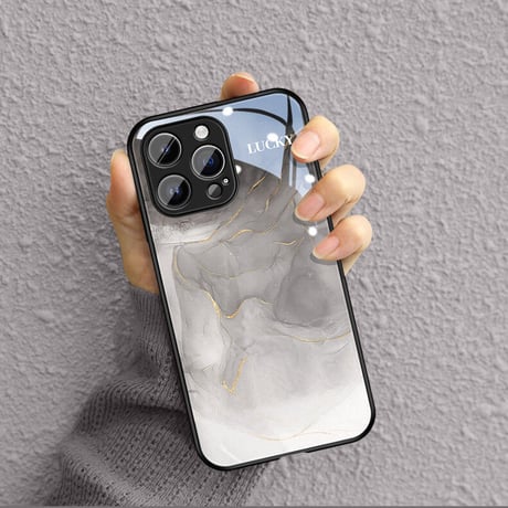 暈し染め ガラスiPhone14/15ケース  水墨画 金箔入り アイフォン13/12mini/11カバー キラキラ 全面保護 オシャレ シック[M2722]