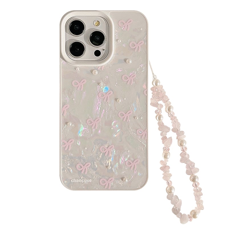 シェル風 iPhone15/15proケース パールリボン柄 iPhone14/13pro/1