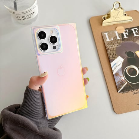 スクエア iPhone15pro/15promaxケース 光によって変色 iPhone14/13proケース キラキラ オシャレ[M4419]