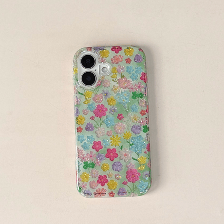 キラキラ花柄 iPhone17Pro/17ケース きれい iPhone17Promax/16Pro/15ケース かわいい 光沢感 春夏コーデ[M6197]