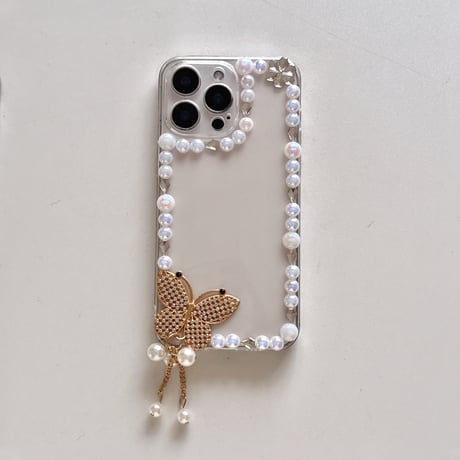 パールデコiPhone16pro/16ケース ハートミラー/蝶 iPhone15/14pro/13proクリアケース 女子力高い 可愛い [M5113]