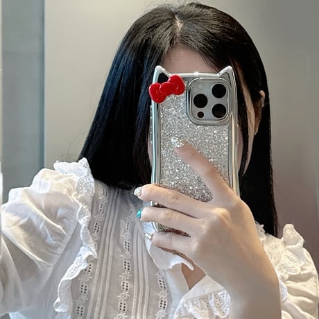 リボン 猫の耳 iPhone15Pro/15カバー キラキラグリッタ アイフォン14プロ/13/12ケース かわいい 女子力高い [M4393]