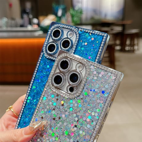 キラキラスクエア iPhone16/16Proケース ジュエリー/ラメ iPhone15promax/14/13Proカバー 四角 おしゃれ カメラ保護[M5468]