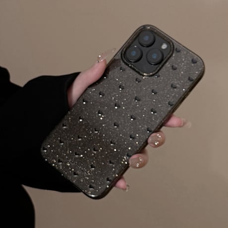 ブラックハート柄 iPhone16pro/16カバー キラキララメ iPhone15promax/14/13ケース 透明 シック おしゃれ [M5463]