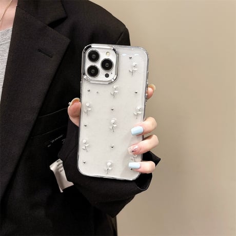薔薇付 iPhone15/15プロ/15プラスケース クリア iPhone14promax/13pro/12ケース ラメ入り 女子力アップ[M4500]